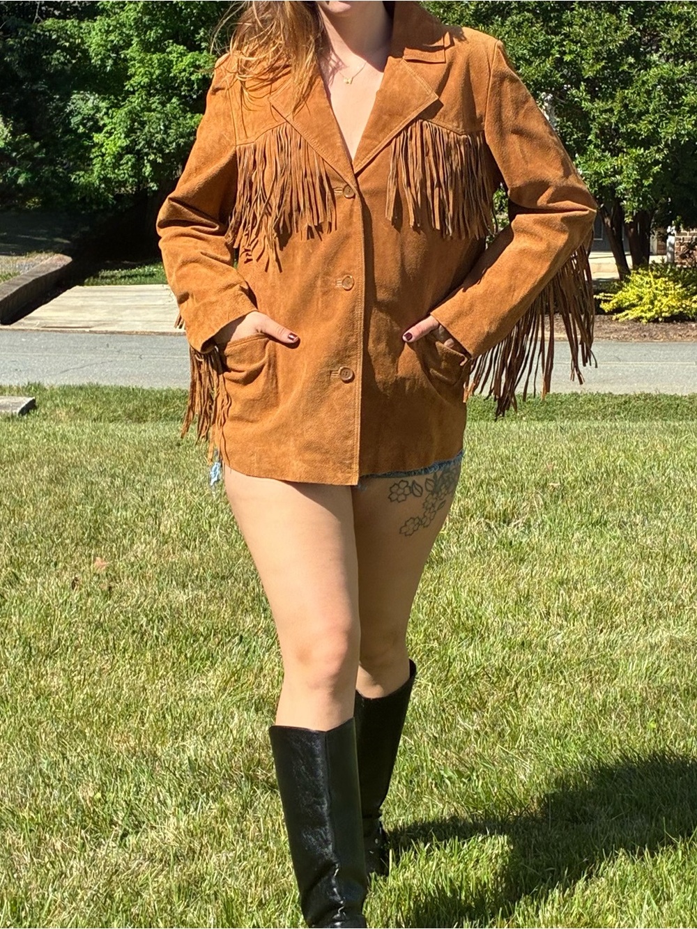 Vintage 90s Gallery XL Leather Fringe Jacket Western Rodeo Cowgirl Festival Y2K
